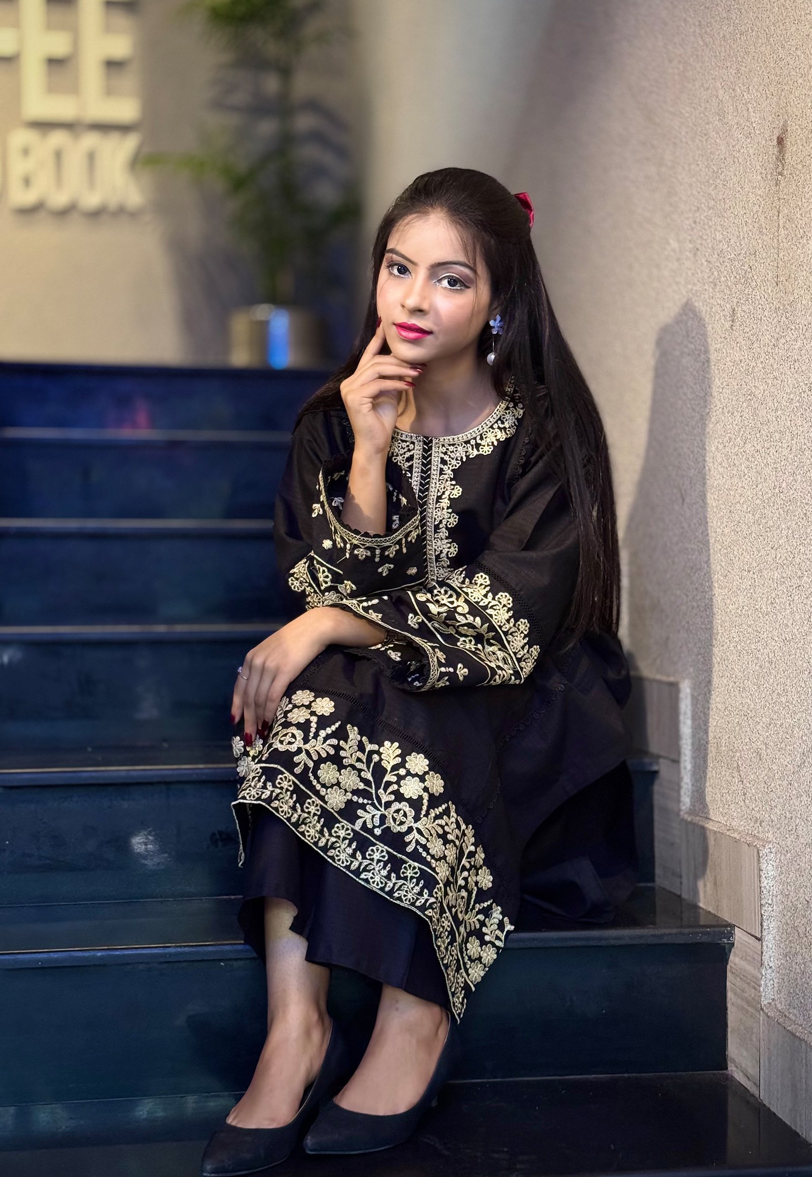 EMBROIDERED LONG SHALWAR QAMEEZ BLACK