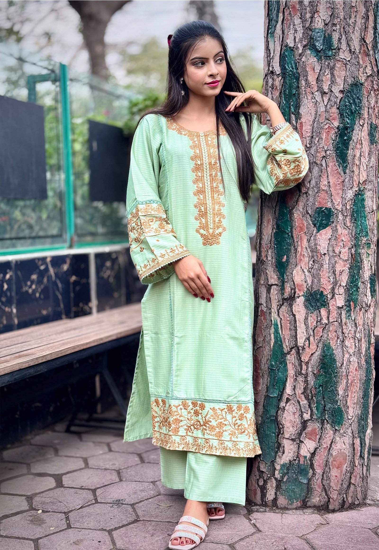 EMBROIDERED LONG SHALWAR QAMEEZ TEA GREEN