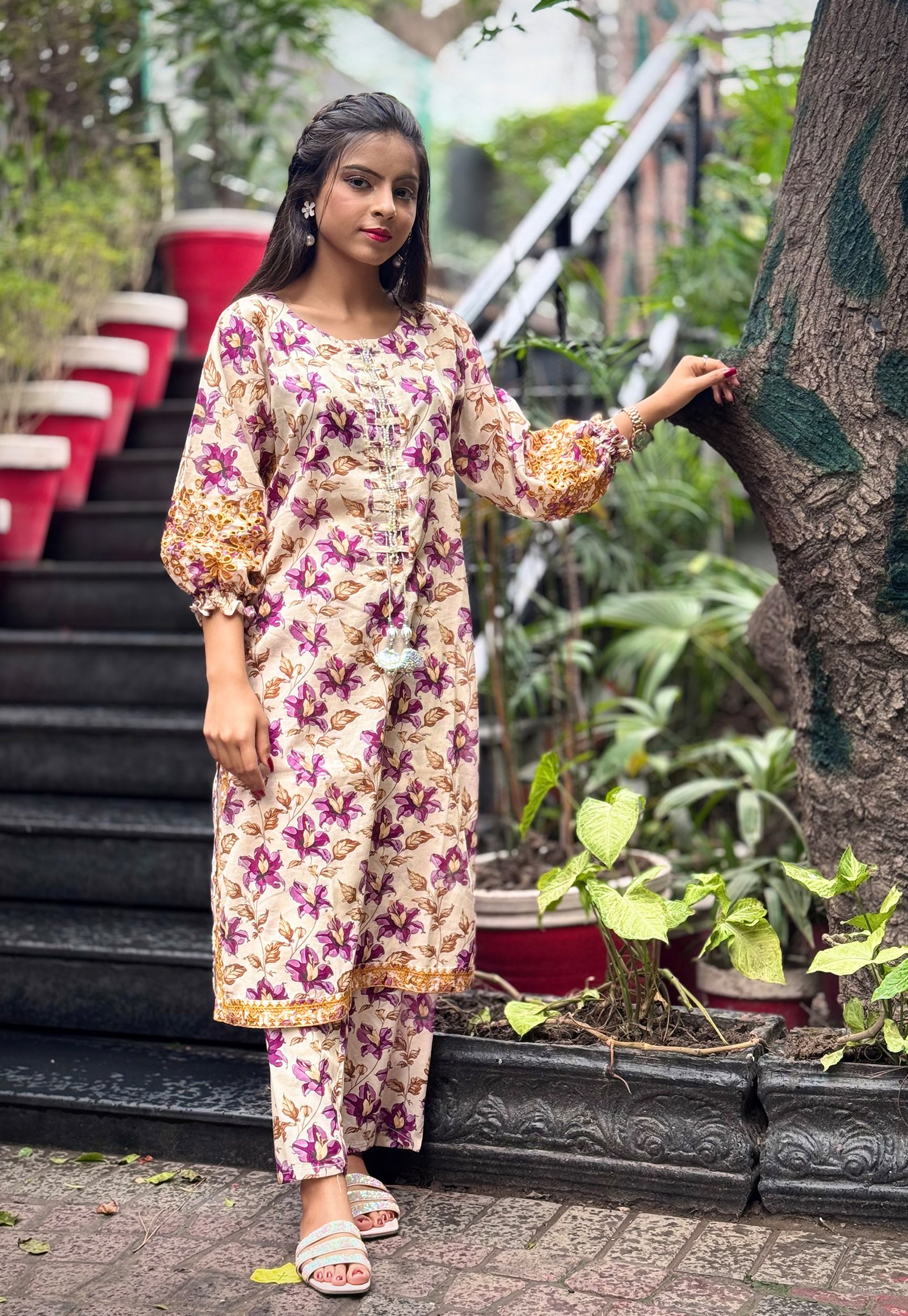 PURPLE FLOWER PRINTED LAWN SUIT