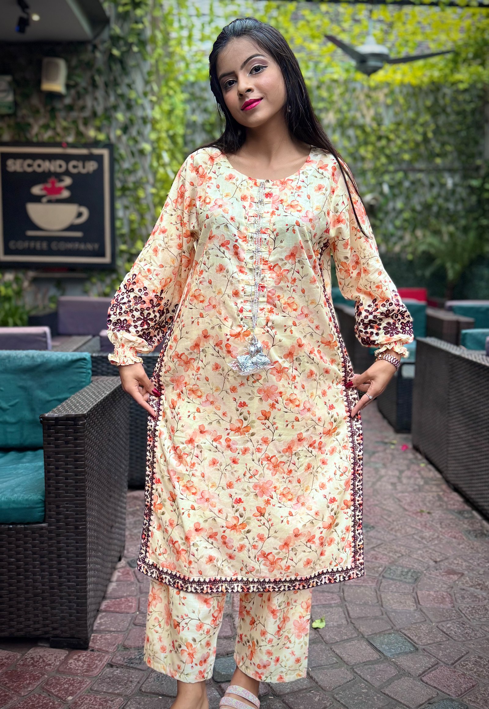 ORANGE FLOWERS PRINTED LAWN SUIT