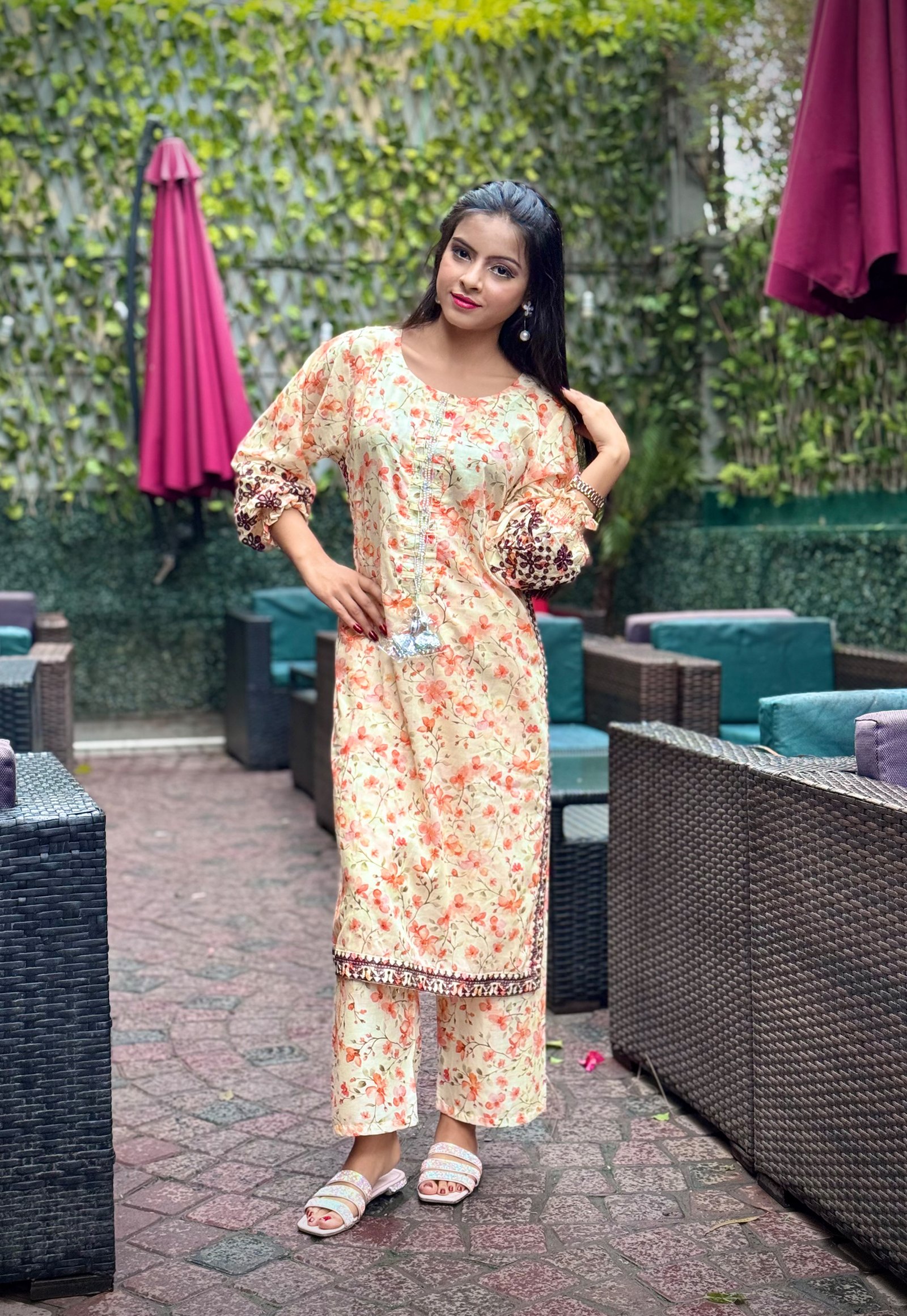 ORANGE FLOWERS PRINTED LAWN SUIT